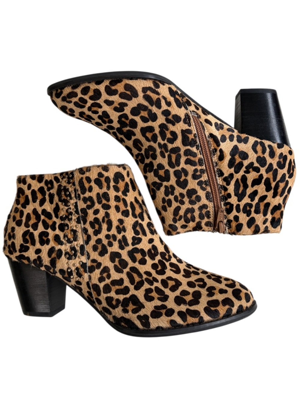 EUC Vionic Leather Calf Hair Georgia Animal Print Heeled Ankle Boots Size 8